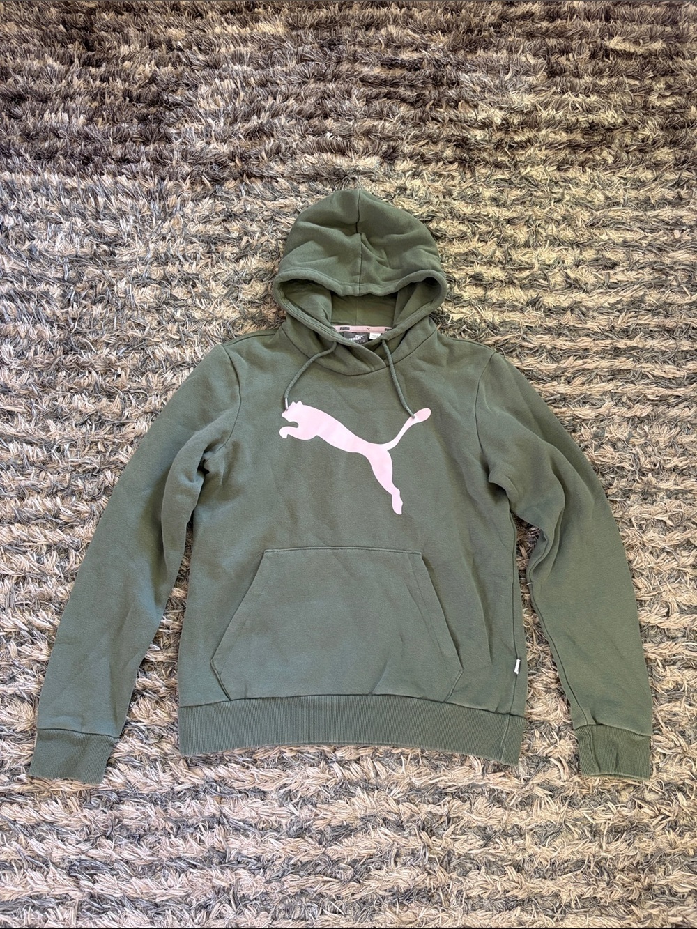 Puma Olive Green Hoodie with Light Pink Puma Logo Size M